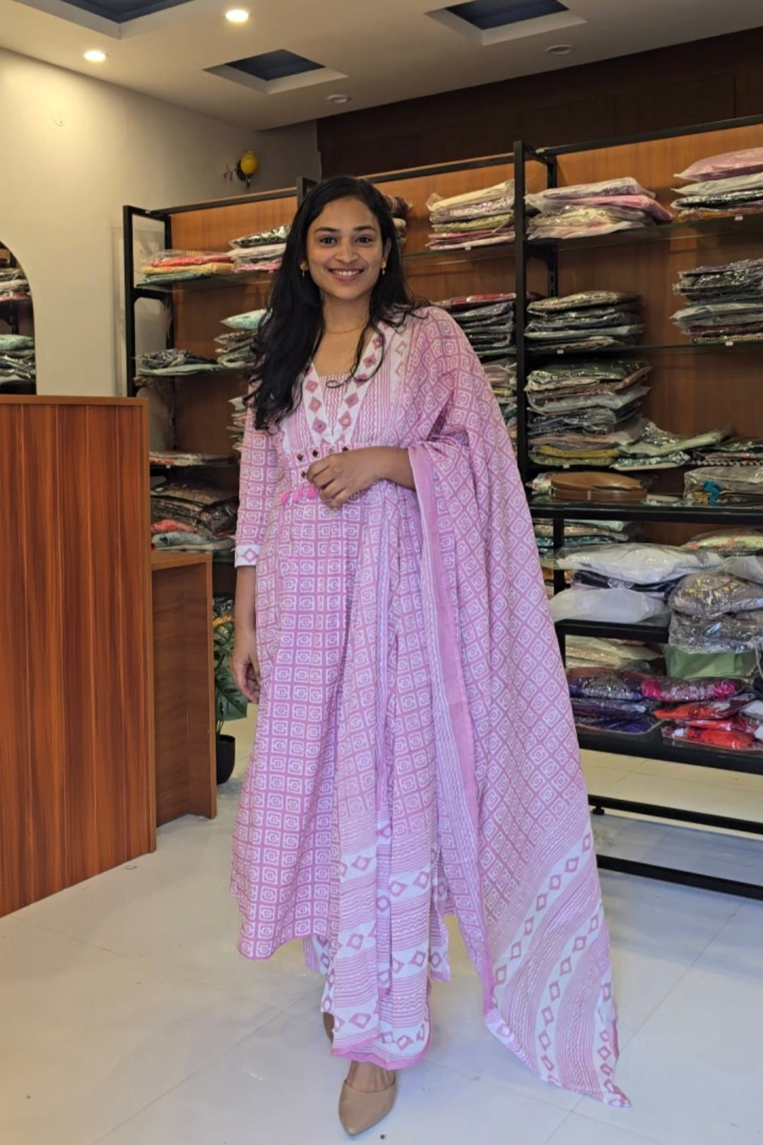 Baby Pink White Aline Kurti Pant Dupatta Set