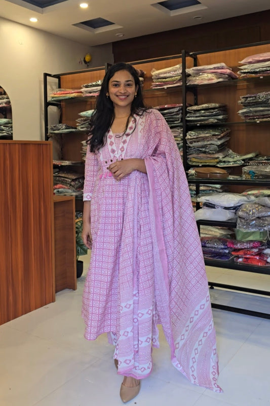 Baby Pink White Aline Kurti Pant Dupatta Set