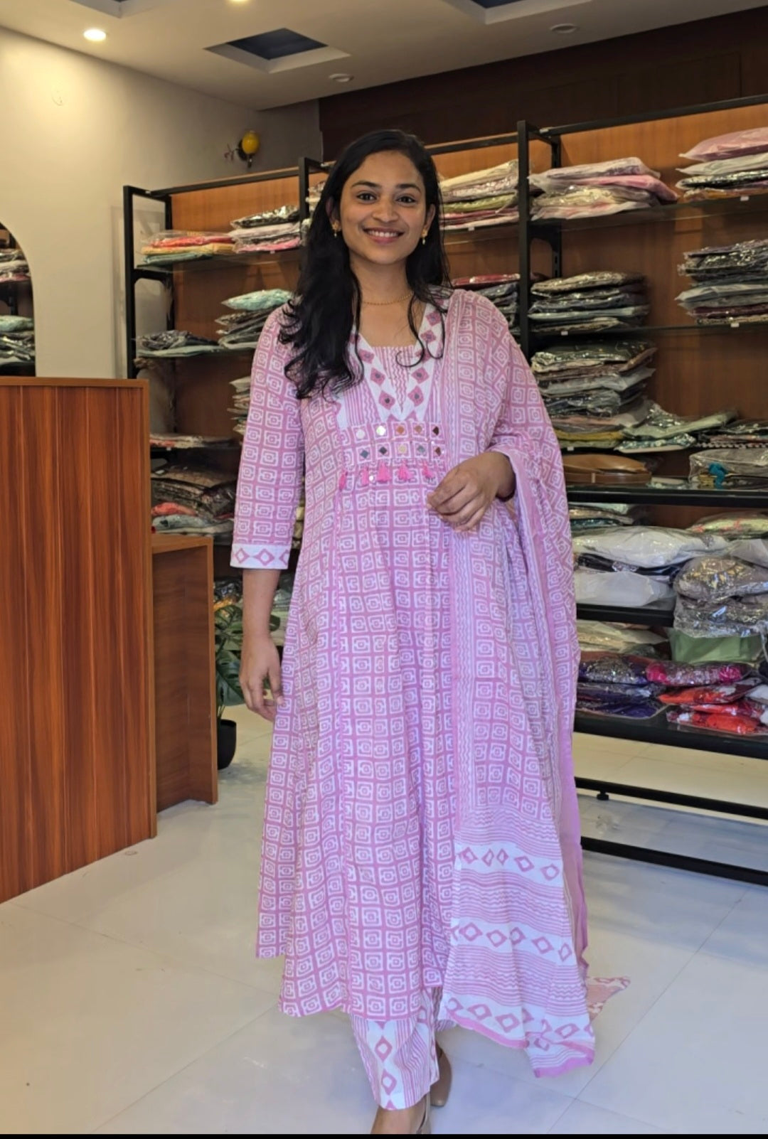 Baby Pink White Aline Kurti Pant Dupatta Set