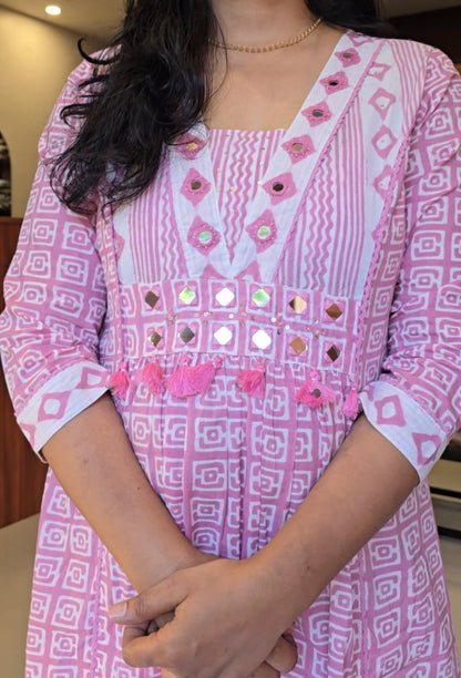 Baby Pink White Aline Kurti Pant Dupatta Set