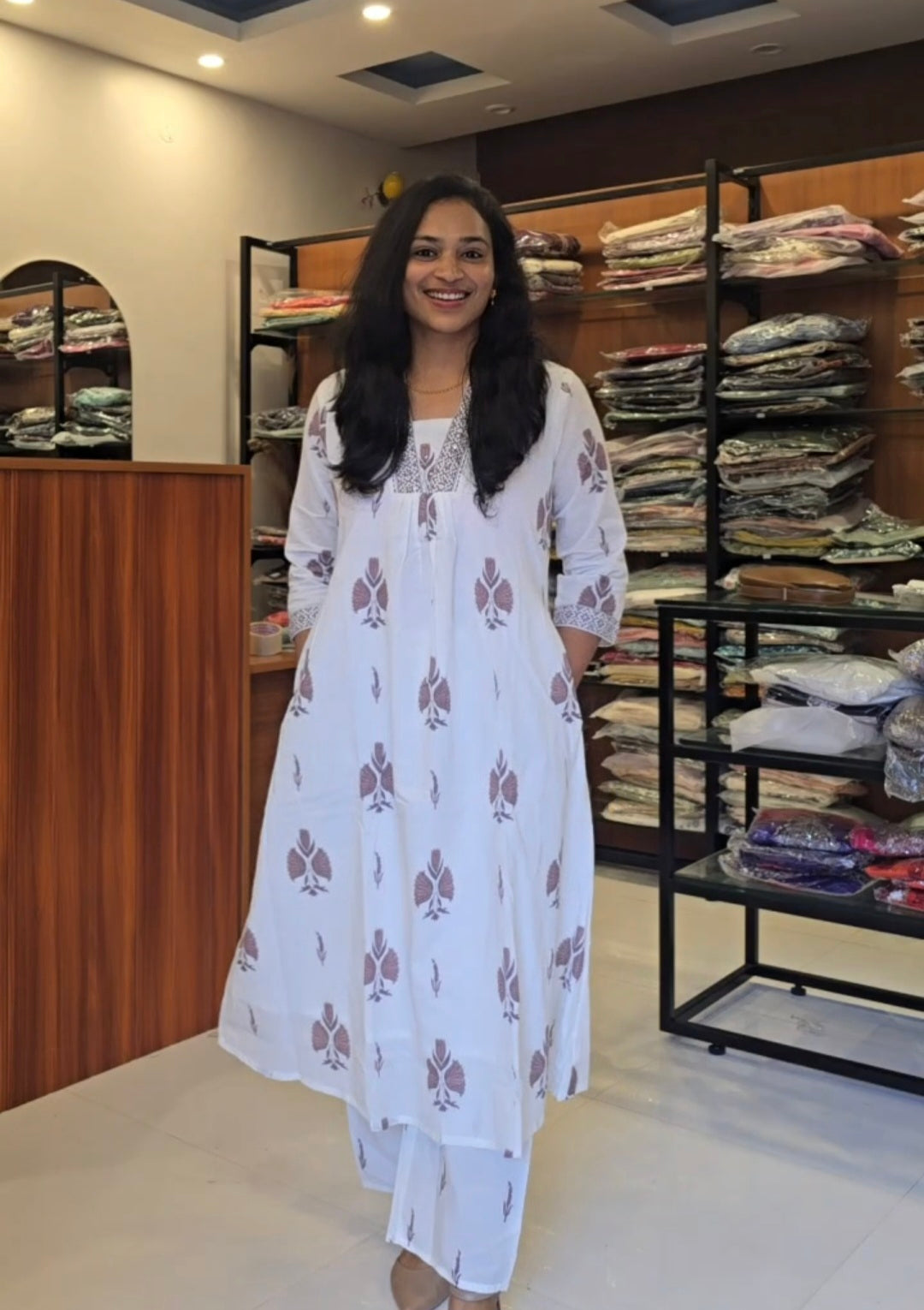 White Block printed cotton Kurti Pant Dupatta set