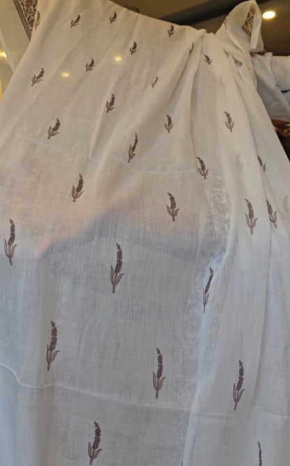 White Block printed cotton Kurti Pant Dupatta set