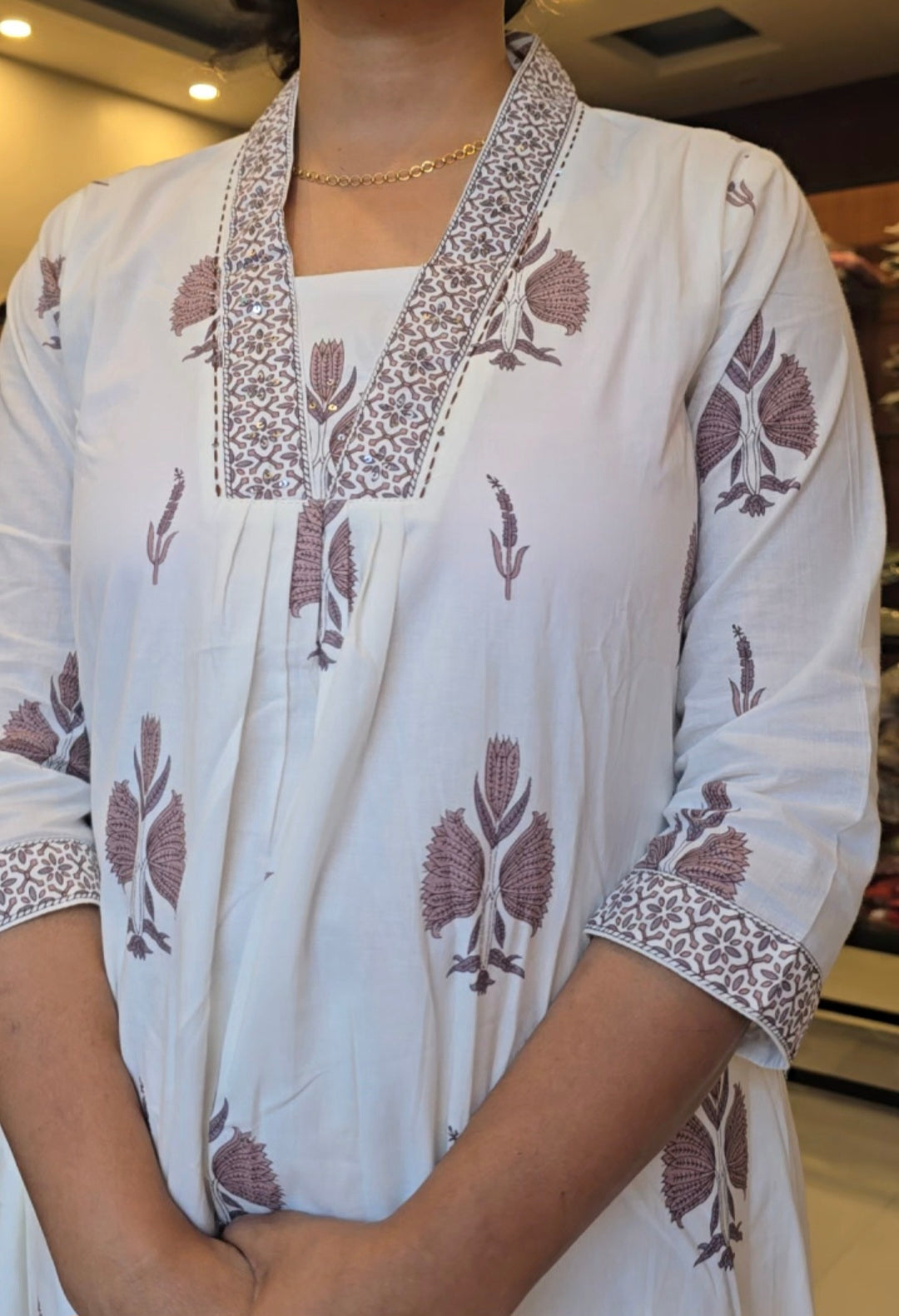 White Block printed cotton Kurti Pant Dupatta set