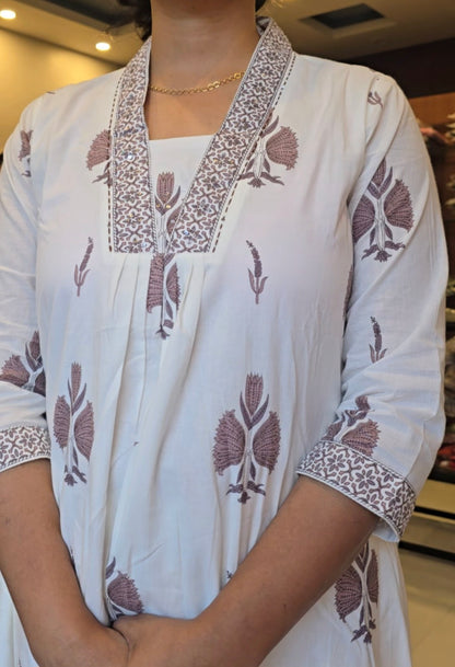 White Block printed cotton Kurti Pant Dupatta set