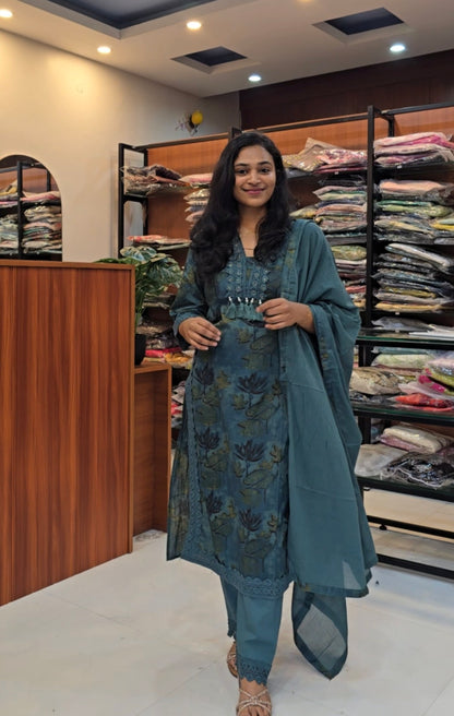 Teal Blue Kalamkari Cotton Salwar set