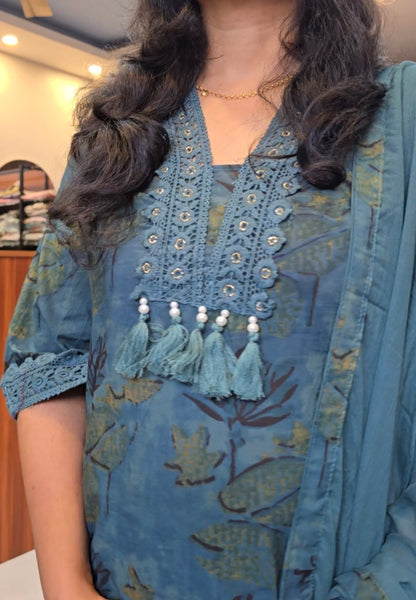 Teal Blue Kalamkari Cotton Salwar set