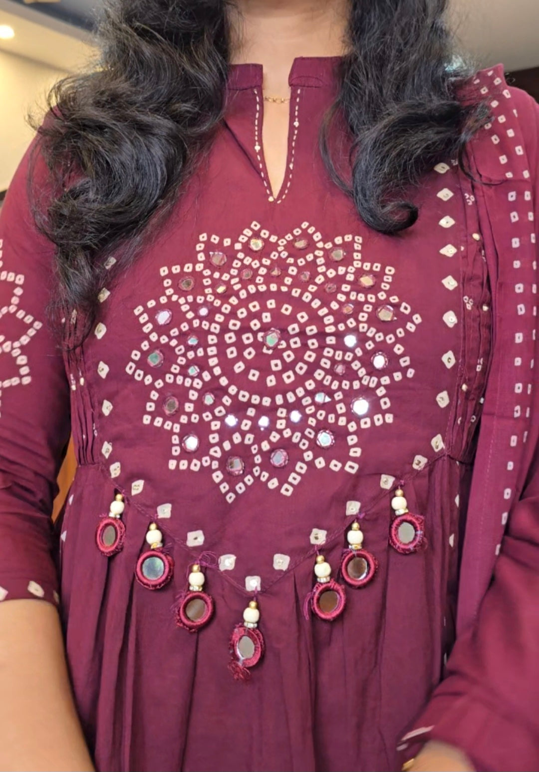 Wine Bhandhini Print A-Line Kurti Pant Dupatta Set