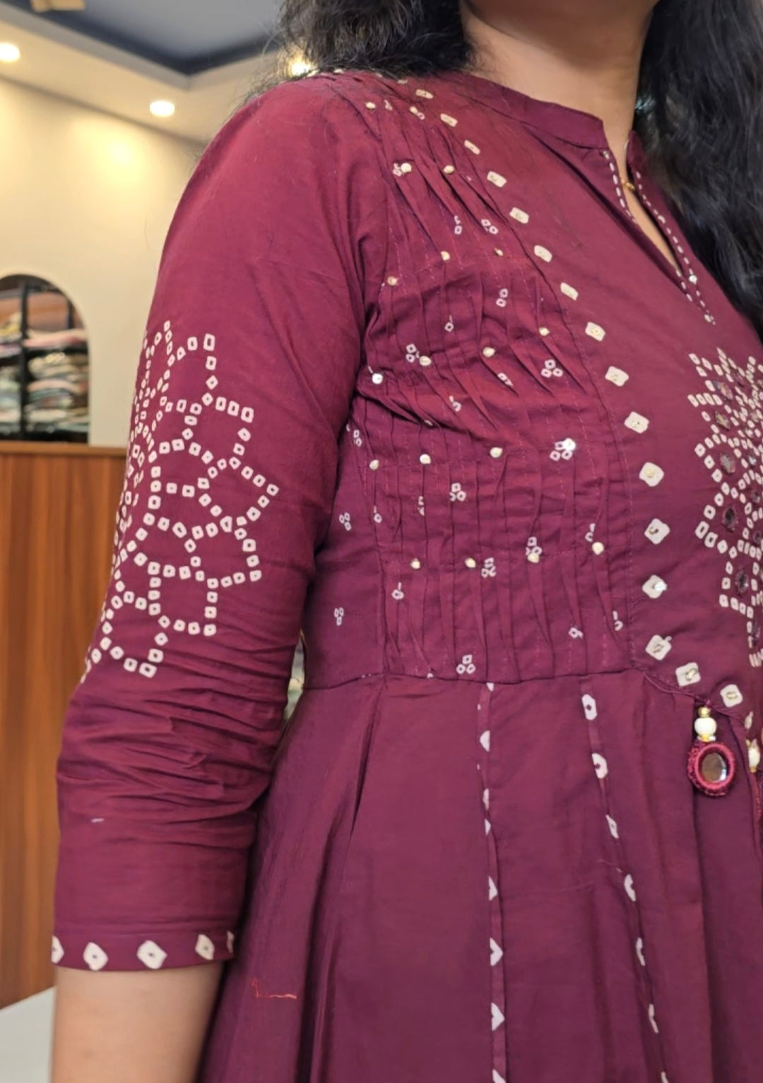 Wine Bhandhini Print A-Line Kurti Pant Dupatta Set