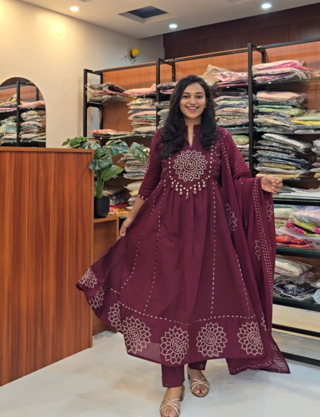 Wine Bhandhini Print A-Line Kurti Pant Dupatta Set