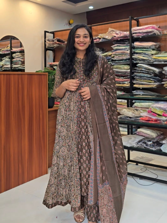 Mehandi Green Ajrakh Anarkali Set