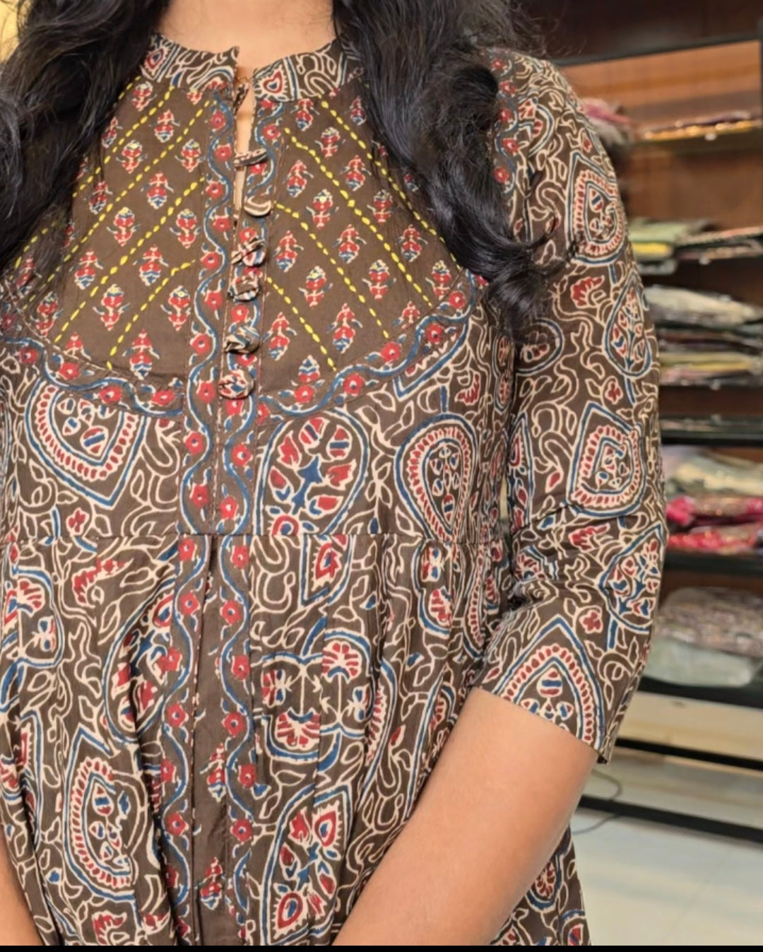 Mehandi Green Ajrakh Anarkali Set