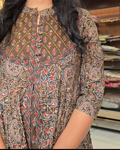 Mehandi Green Ajrakh Anarkali Set
