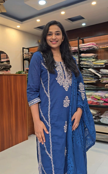 Ink Blue Cotton Straight Cut Salwar Set