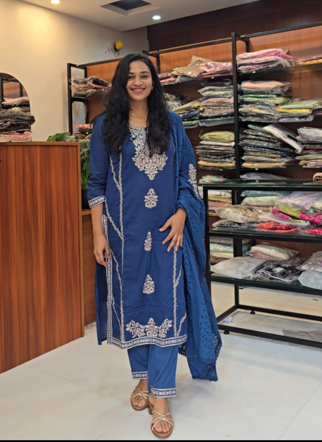 Ink Blue Cotton Straight Cut Salwar Set