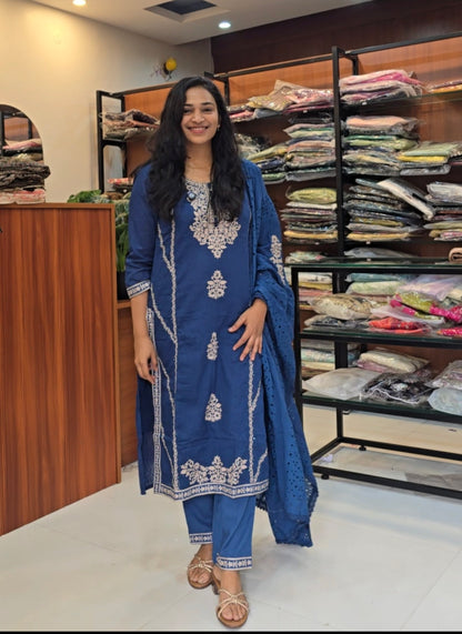 Ink Blue Cotton Straight Cut Salwar Set