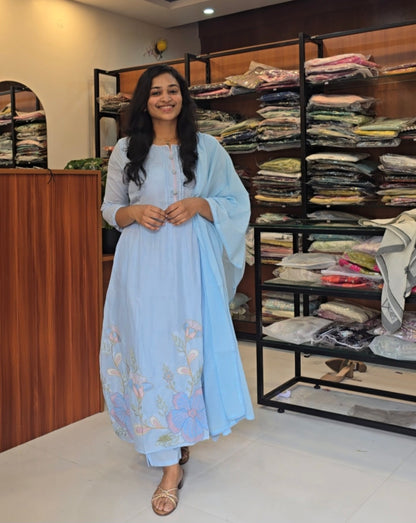 Powder Blue A-line Kurti Pant Dupatta Set