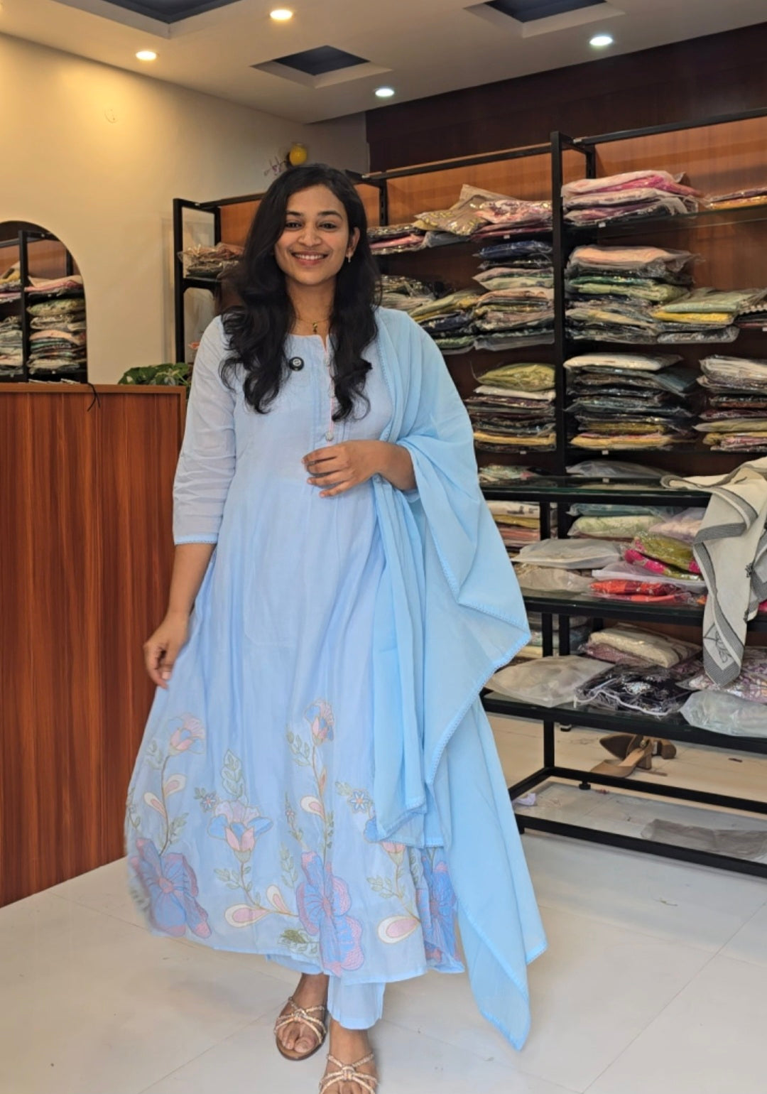 Powder Blue A-line Kurti Pant Dupatta Set