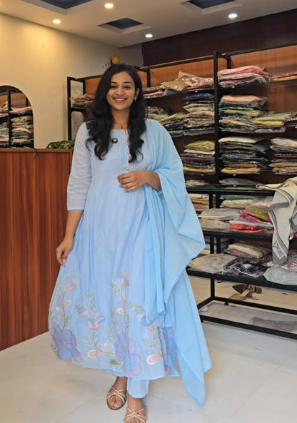 Powder Blue A-line Kurti Pant Dupatta Set