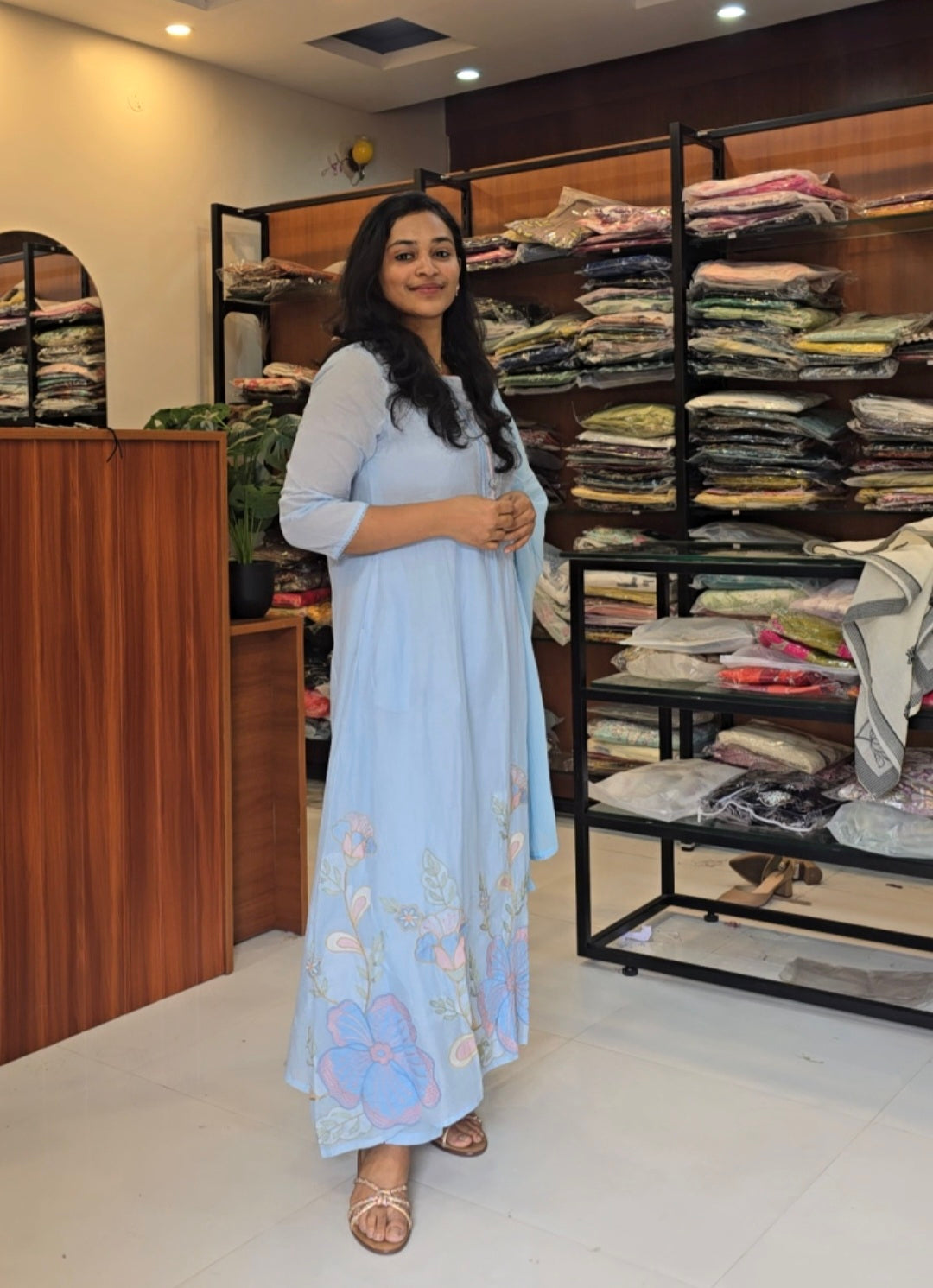 Powder Blue A-line Kurti Pant Dupatta Set