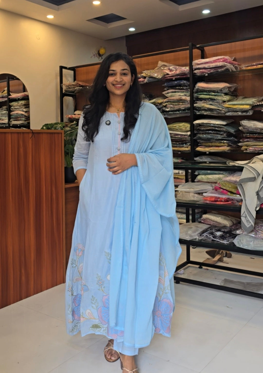 Powder Blue A-line Kurti Pant Dupatta Set
