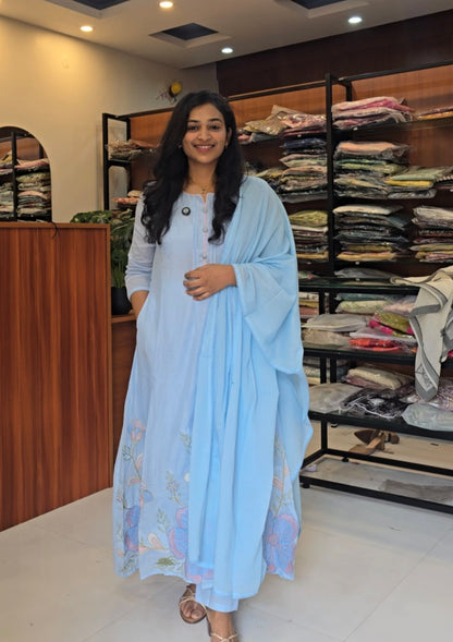 Powder Blue A-line Kurti Pant Dupatta Set