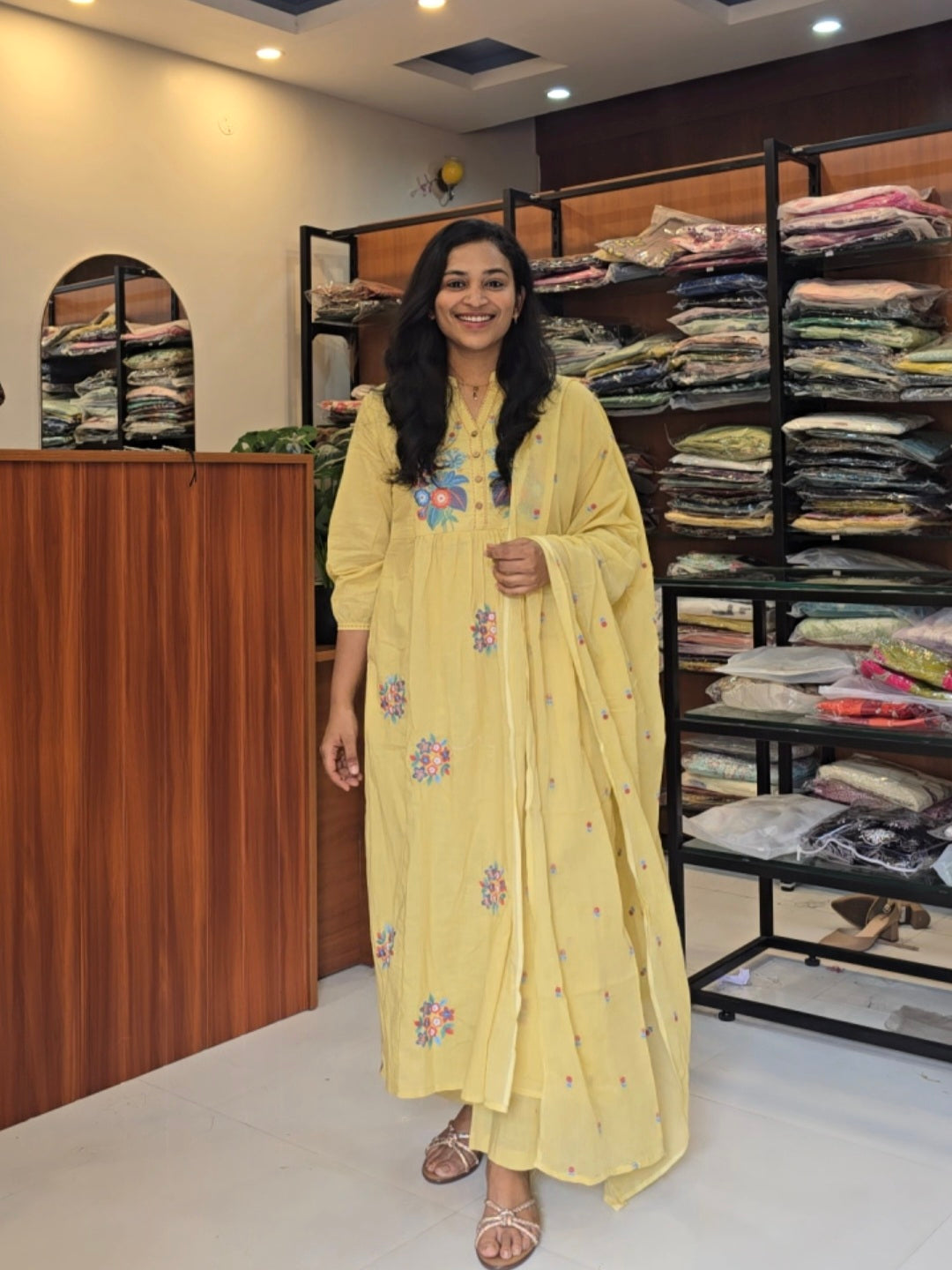 Pastel Yellow A-Line Kurti Pant Dupatta Set