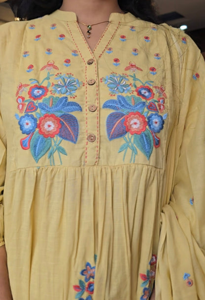 Pastel Yellow A-Line Kurti Pant Dupatta Set