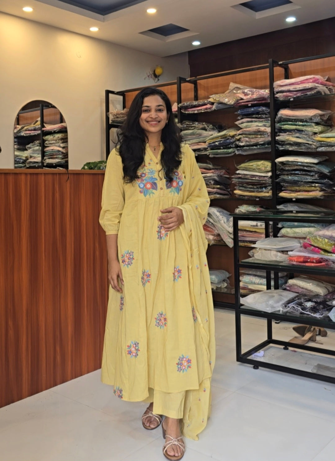 Pastel Yellow A-Line Kurti Pant Dupatta Set