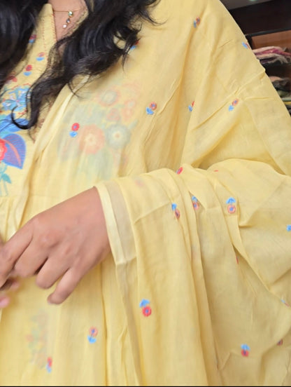 Pastel Yellow A-Line Kurti Pant Dupatta Set