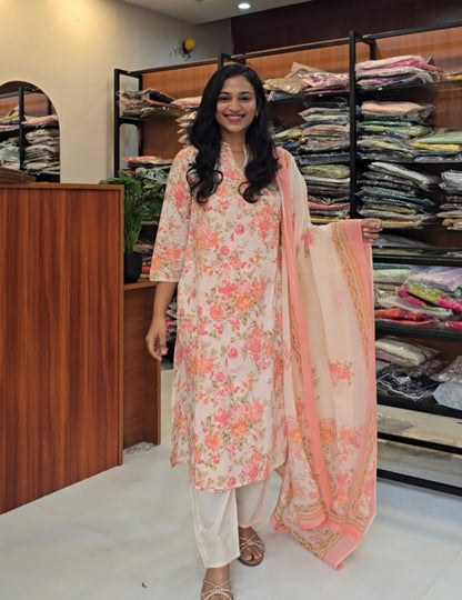 Ivory & Peach floral Cotton Salwar set