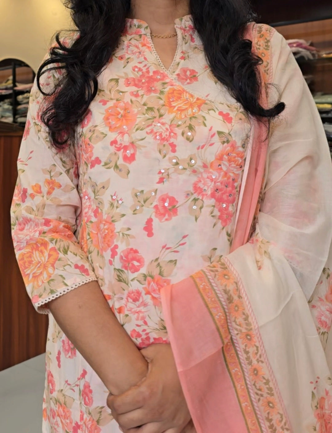 Ivory & Peach floral Cotton Salwar set