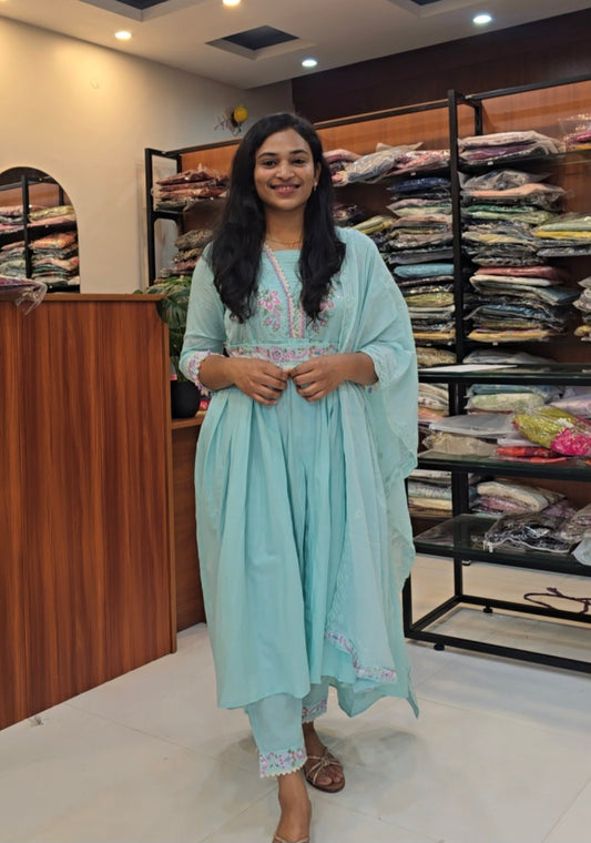 turquoise blue frock style kurti set