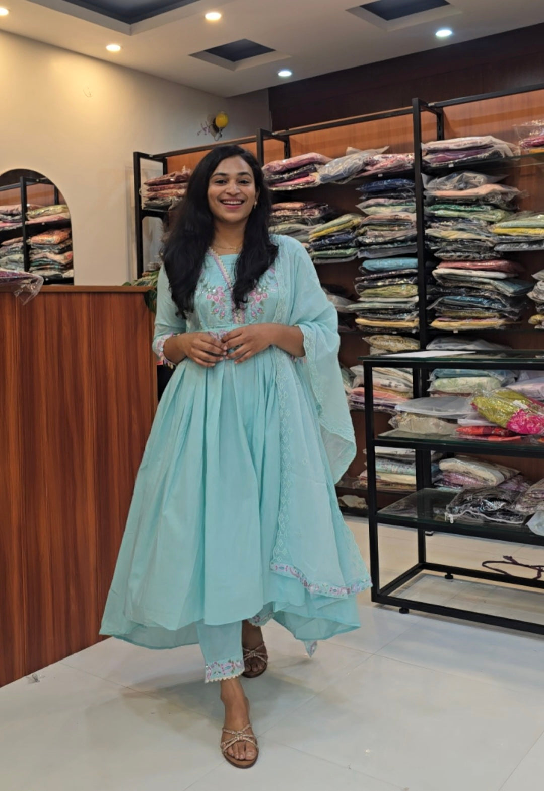 turquoise blue frock style kurti set