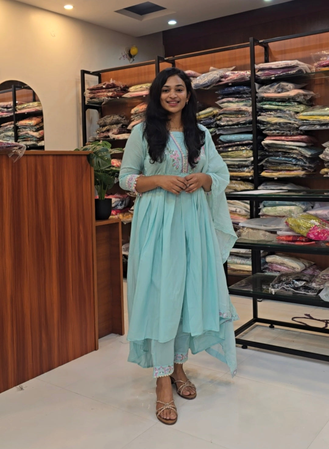 turquoise blue frock style kurti set