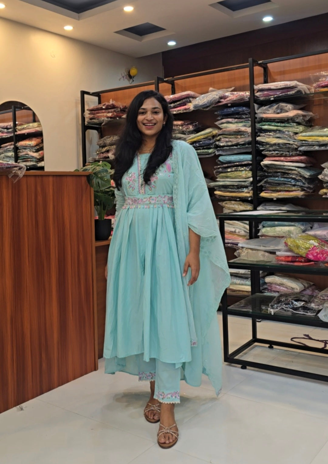 turquoise blue frock style kurti set