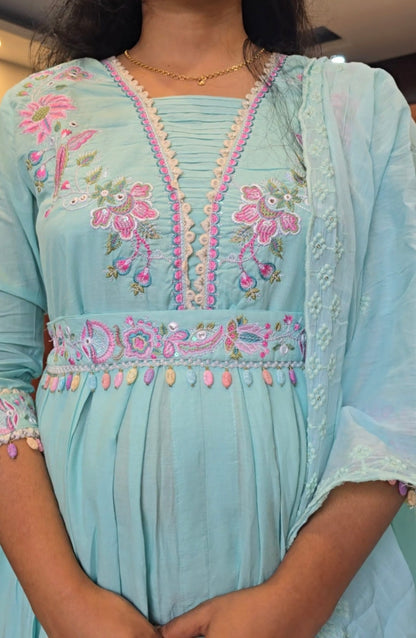 turquoise blue frock style kurti set