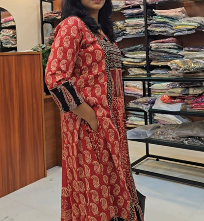 Coral Red  Handblock Print Salwar Set