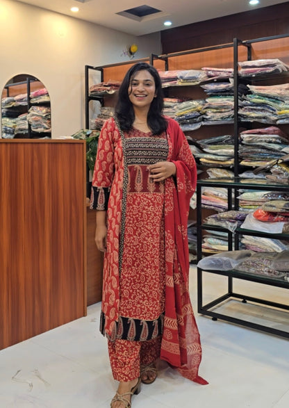 Coral Red  Handblock Print Salwar Set