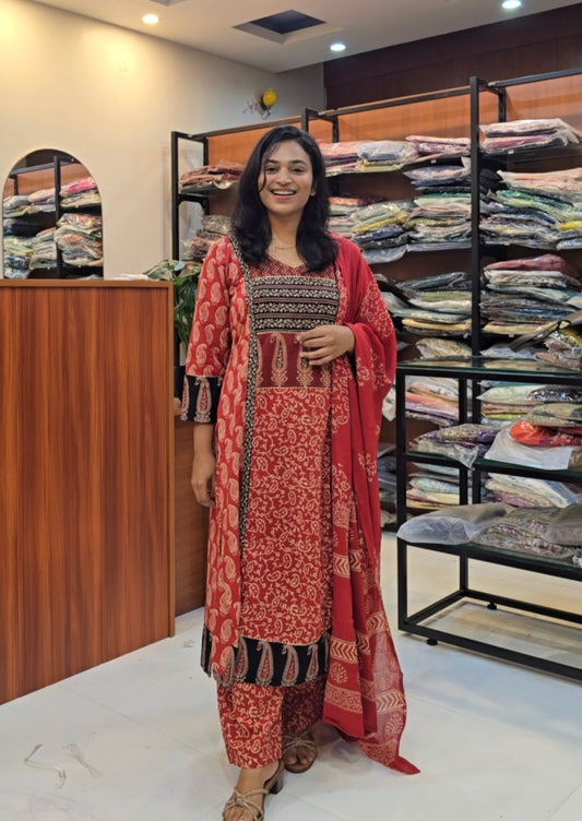Coral Red  Handblock Print Salwar Set