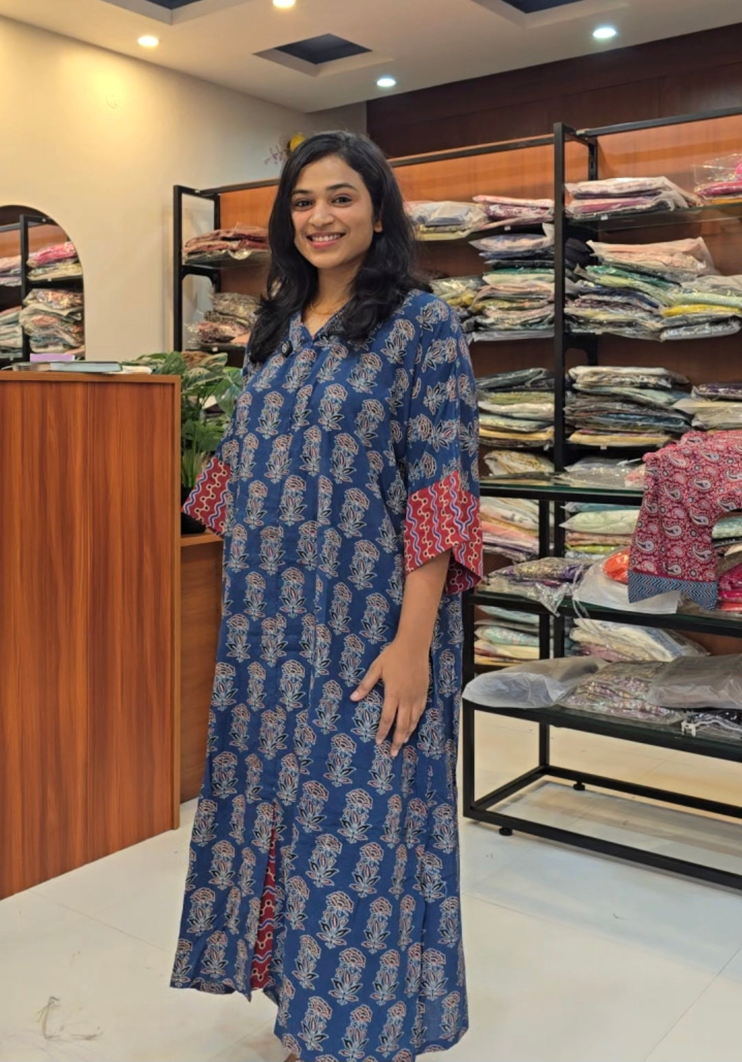 Navy Blue Ajrakh Kaftan Set