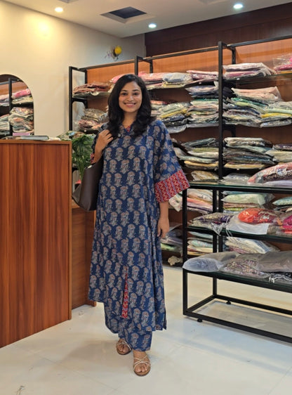 Navy Blue Ajrakh Kaftan Set