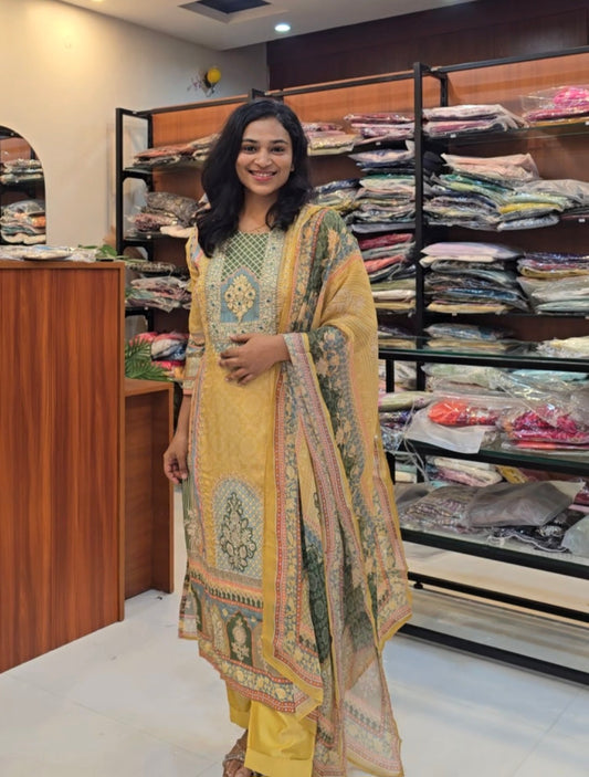 Yellow Muslin Silk Set