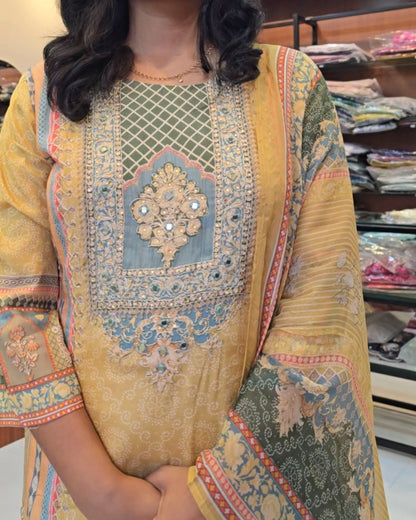 Yellow Muslin Silk Set