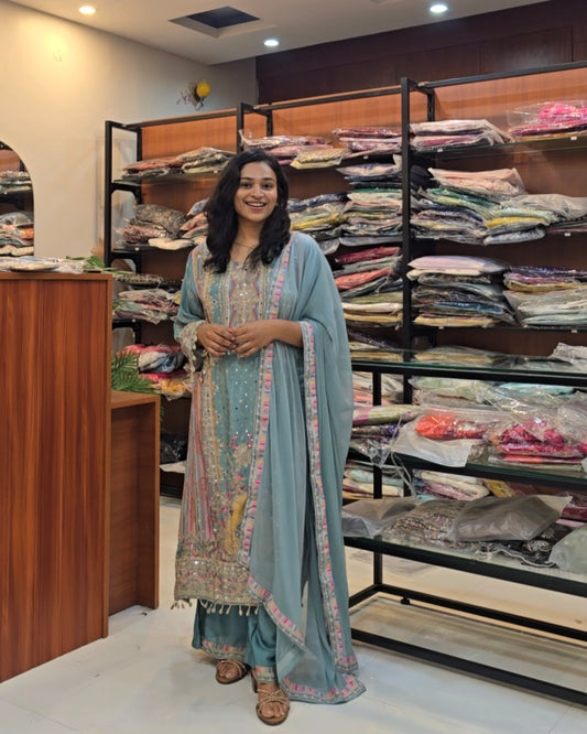 Pastel Blue Crepe Pakistani Salwar Set