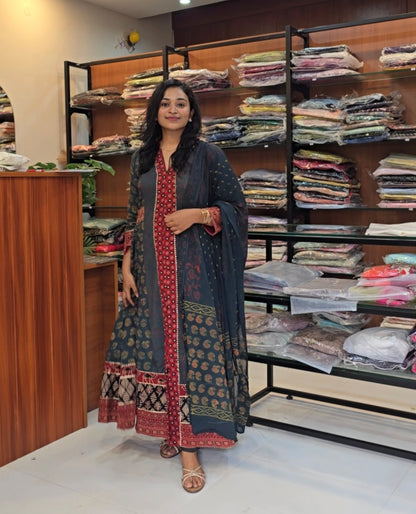 Green Full Flair Ajrakh Suit