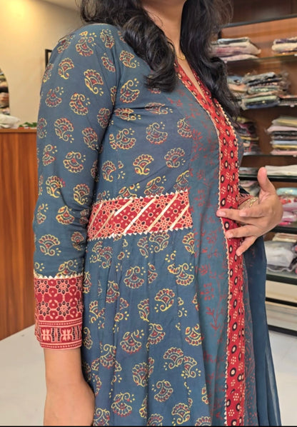 Green Full Flair Ajrakh Suit
