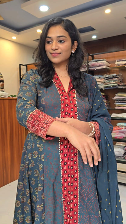 Green Full Flair Ajrakh Suit