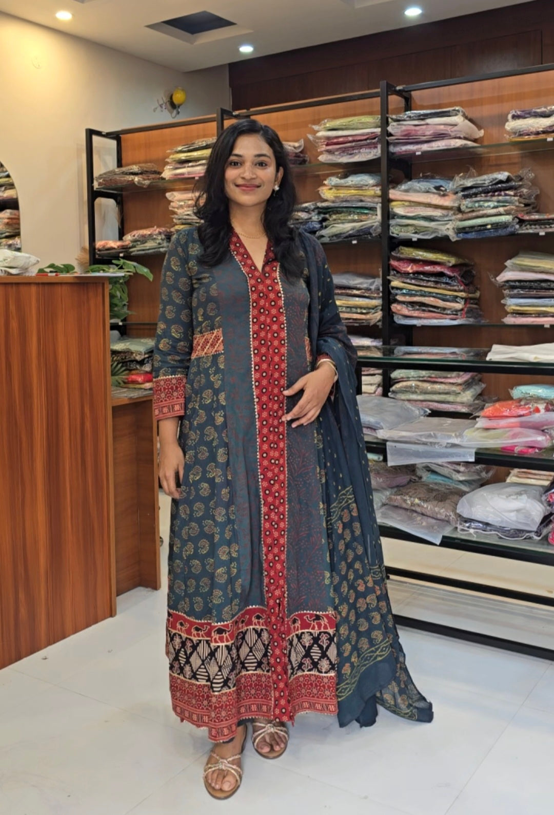 Green Full Flair Ajrakh Suit