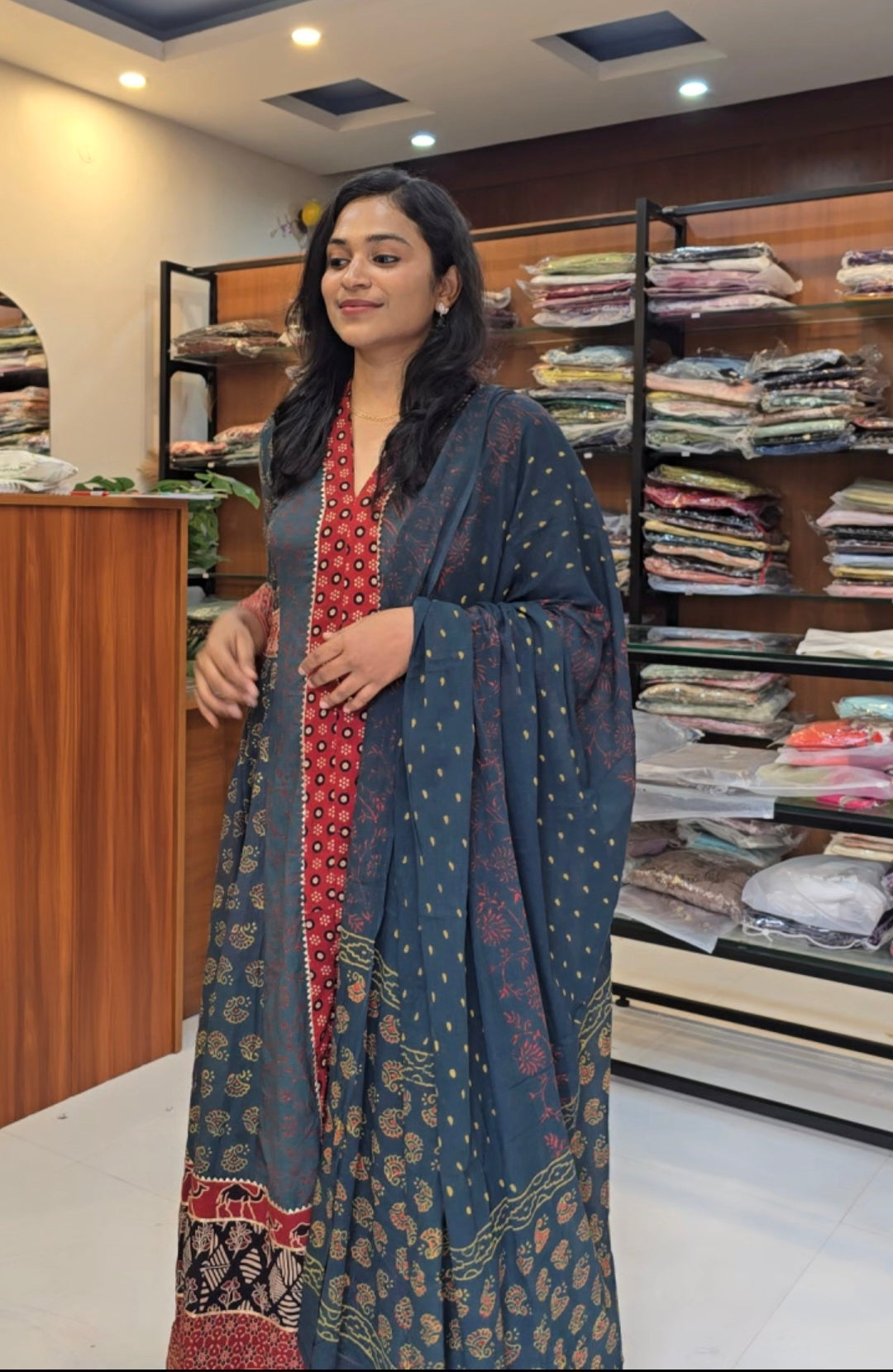 Green Full Flair Ajrakh Suit