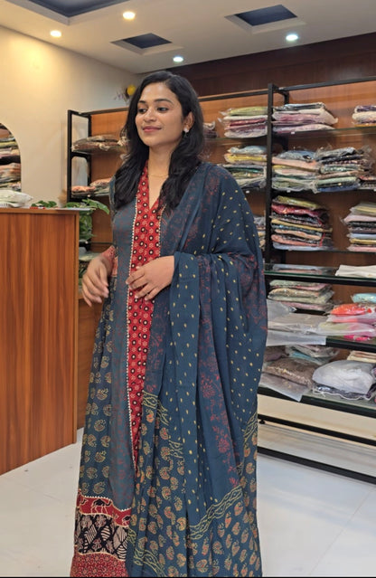 Green Full Flair Ajrakh Suit